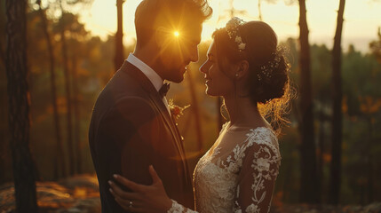 Stylish wedding photo shoot in nature at sunset