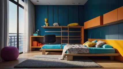 Comfortable bed in vibrant modern children's room