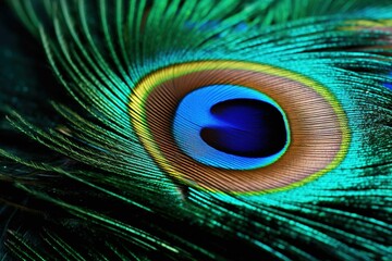 Obraz premium Macro of peacock feather focusing on iridescent eyespots