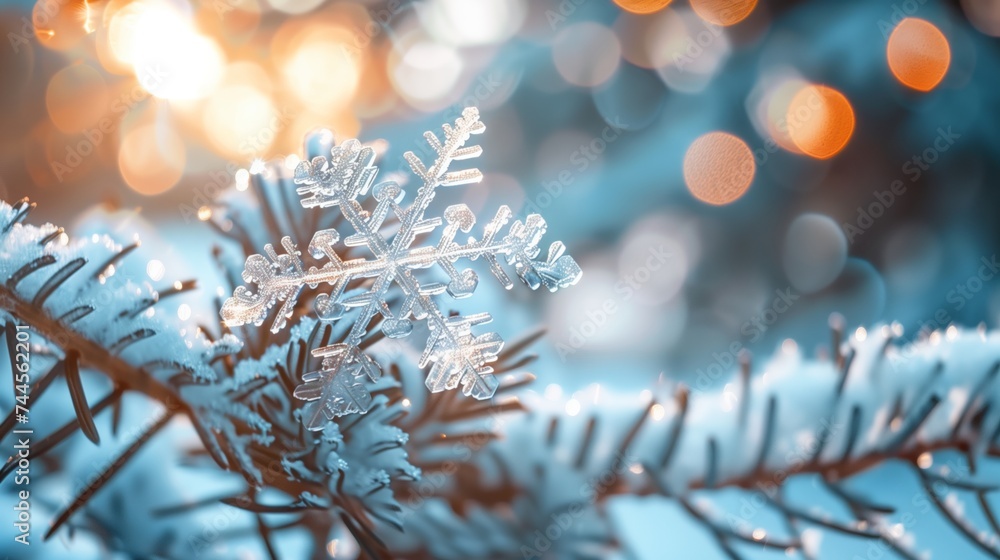 Poster extreme close-up of a unique snowflake with shallow depth of field.