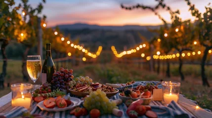 Zelfklevend Fotobehang Picturesque scene of food and lights arranged in a vineyard for a delightful picnic at dusk. © DreamPointArt