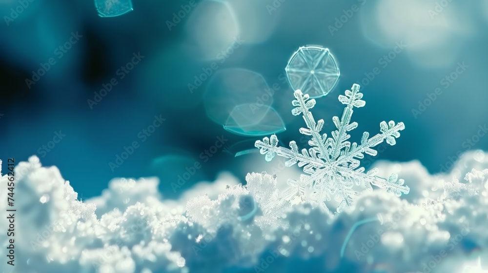 Poster extreme close-up of a unique snowflake with shallow depth of field.