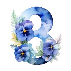 March 8 watercolor greeting card. International Women's Day. Giant blue number 8 with spring flowers isolated on white background. Element for design, banner, print	