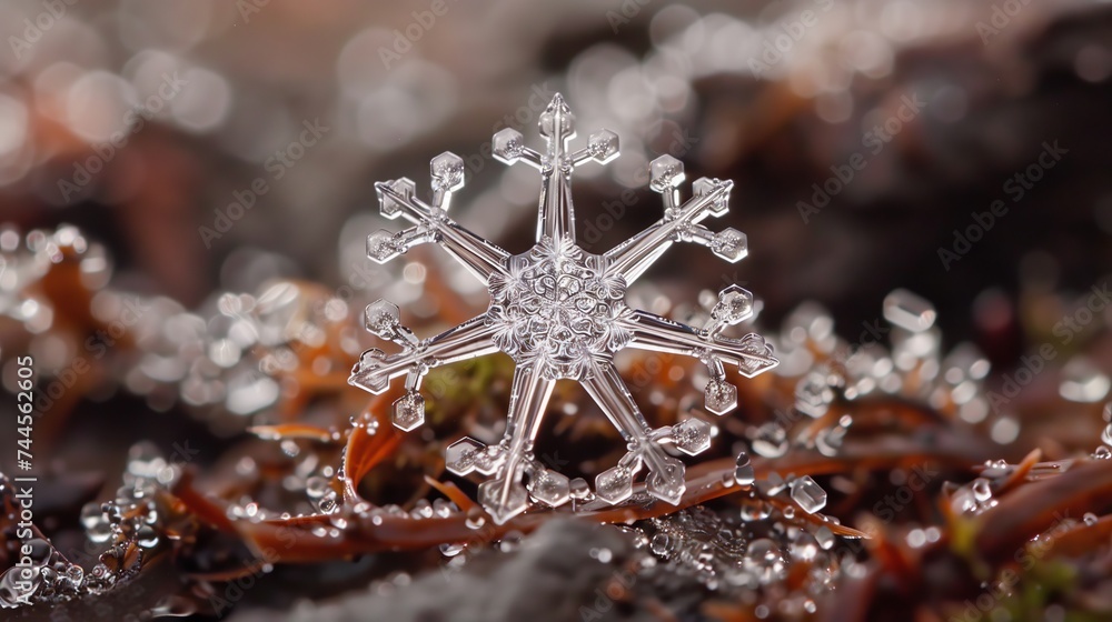 Poster extreme close-up of a unique snowflake with shallow depth of field and bokeh in the background.