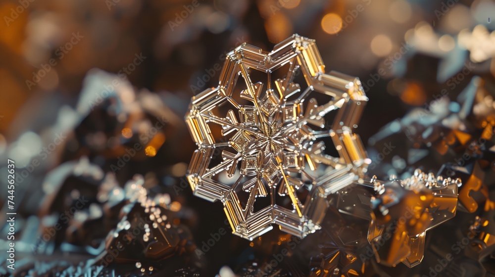 Poster extreme close-up of a unique snowflake with shallow depth of field and bokeh in the background.