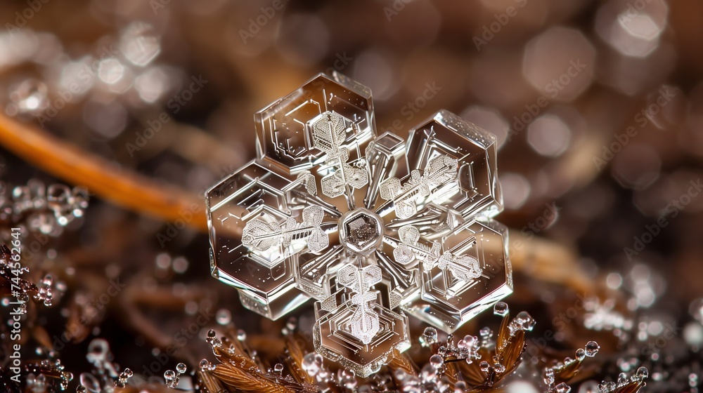 Poster extreme close-up of a unique snowflake with shallow depth of field and bokeh in the background.