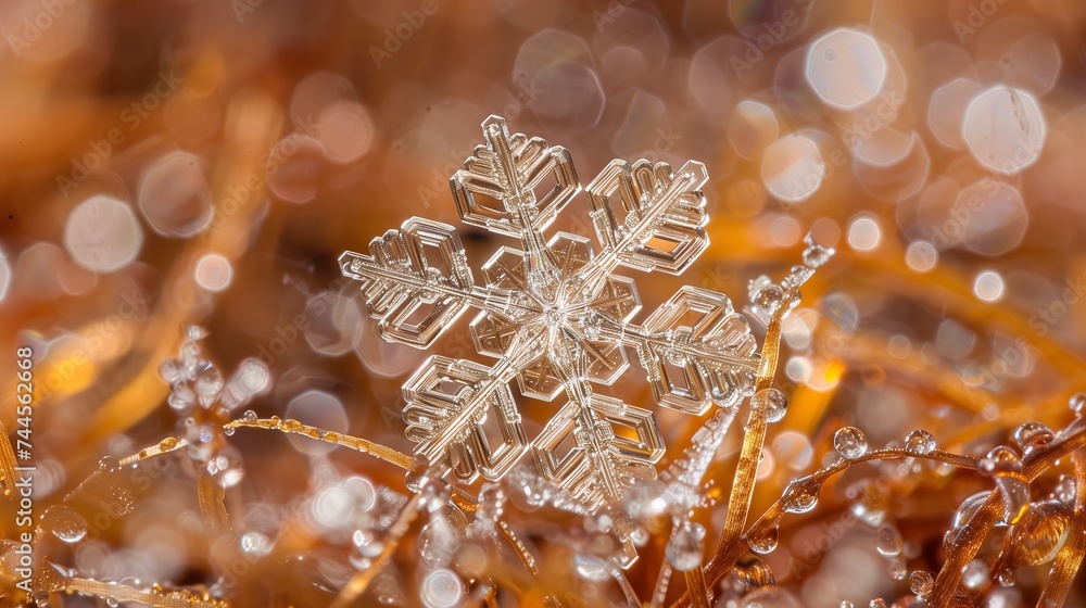Poster extreme close-up of a unique snowflake with shallow depth of field and bokeh in the background.