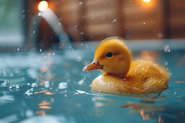yellow duck in swimming pool - obrazy, fototapety, plakaty
