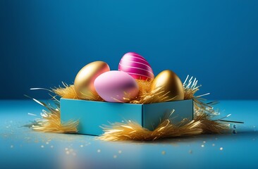 Easter eggs in a box on a blue background greeting card