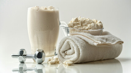 Fototapeta na wymiar Protein shake, dumbbells, and towel on white background.