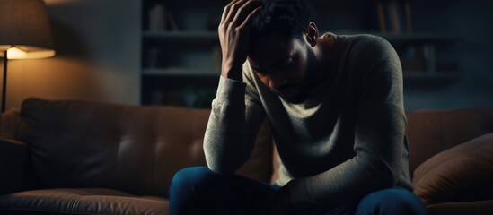 Distressed African American male with depression seeking counseling at medical office.
