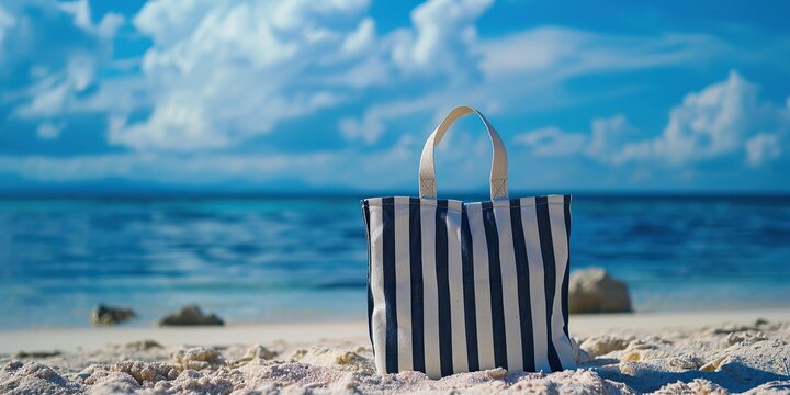 Stripped summer beach bag on the beach sand