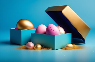 Easter eggs in a box on a blue background greeting card