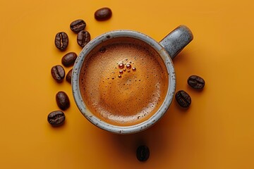 top view of cup of coffee with beans