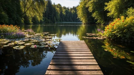 Gordijnen A wooden pier on the lake in a beautiful summer garden with flowers. Nature backgrounds, for photo manipulation, product display background © i7 Binno