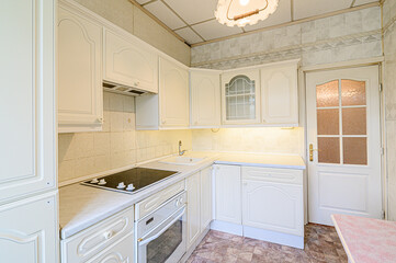 interior kitchen and dining room, refectory area, cooking equipment, table furniture, stove
