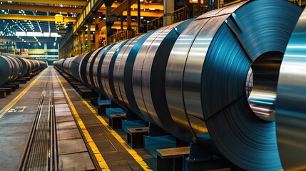 Row of galvanized steel rolls coils, industrial warehouse background - obrazy, fototapety, plakaty