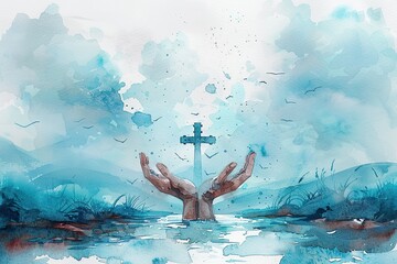 Watercolor illustration of hands with a cross in the sky and clouds