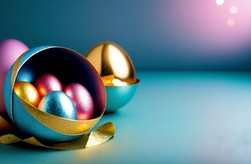 Easter eggs in a box on a blue background greeting card