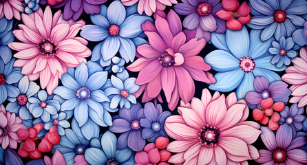 an illustration with many blue and red flowers