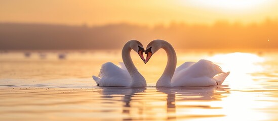 Couple swans forming love heart on the lake at sunset sky background