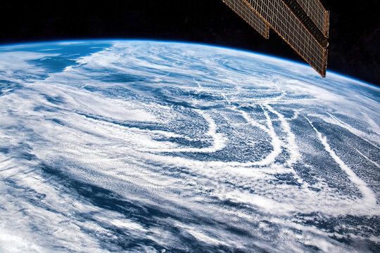 Ship Tracks, Aleutian Islands. Digital enhancement of an image by NASA - Powered by Adobe