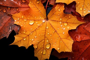 Vivid orange and yellow maple leaves covered in fresh raindrops