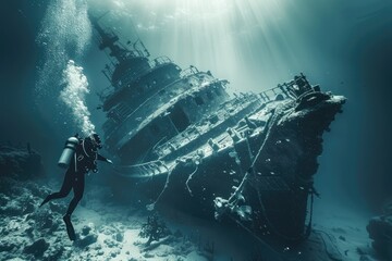 scuba diver in the sea next to the sunken ship. A passenger liner at the bottom of the sea.