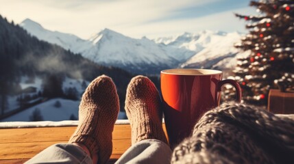 Feet in cozy warm wool socks and a cup of hot coffee against the background of high snowy mountains and blue sky. The concept of winter holidays, Travel, Vacations in Nature. - obrazy, fototapety, plakaty