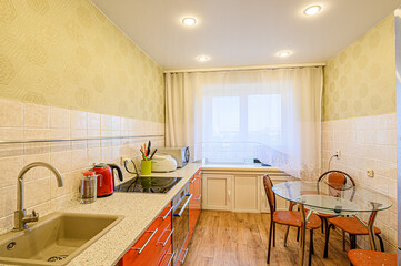 interior kitchen and dining room, refectory area, cooking equipment, table furniture, stove
