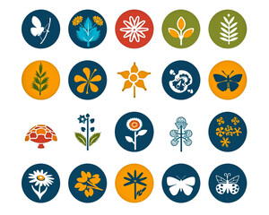 Assorted Botanical and Insect Icons Set on Circular Colored Backgrounds for Graphic Design