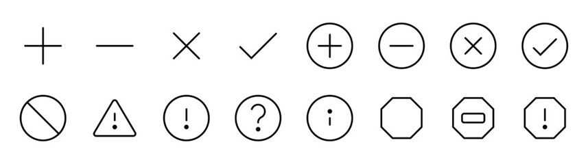 Valid icons add, tick, remove, plus, minus, question, exclamatory, caution, stop symbols in different style vector illustration. can be used for web, mobile, ui - obrazy, fototapety, plakaty