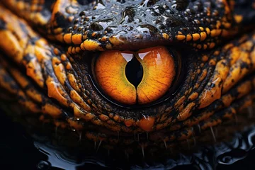 Poster Orange eyes of a crocodile emerging from dark waters, focus on eyes © Dan