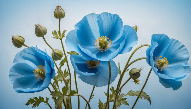 Delicate curves and intricate details of a bunch of vibrant blue Himalayan poppy flowers against a soft blue backdrop