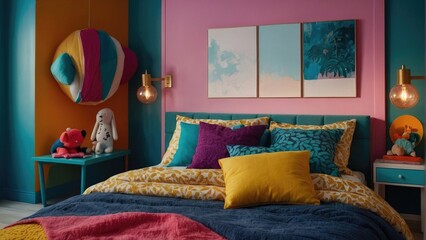Comfortable bed in vibrant modern children's room
