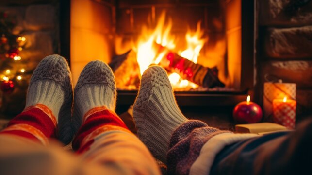 The couple is lying in wool socks, relaxing, warming themselves by the warm fireplace. The concept of winter and Christmas holidays, Travel, and Cozy Vacations.