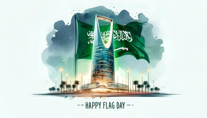Watercolor illustration of a skyscraper with waving saudi arabia flag for flag day celebration.