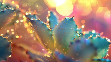 Silver Lullaby: Cactus leaves cradle silver particles like notes in a soothing lullaby, weaving a tapestry of tranquility and calm. - obrazy, fototapety, plakaty