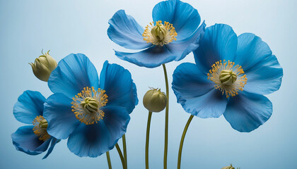 Delicate curves and intricate details of a bunch of vibrant blue Himalayan poppy flowers against a soft blue backdrop