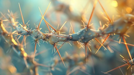 Thorny Tranquility: Macro perspective unveils the peaceful allure of cactus thorns against a desert...
