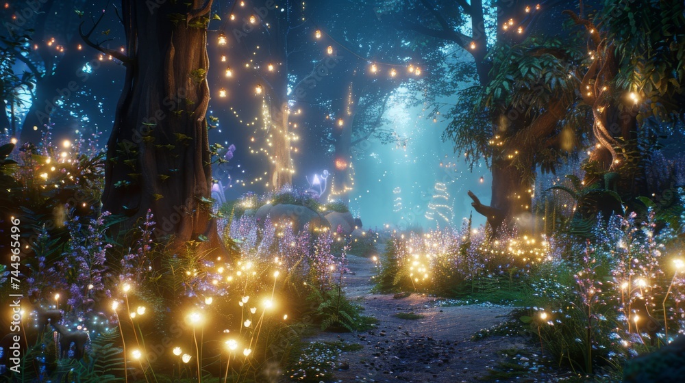 Poster a digital creation of a mystical pathway in an enchanted forest illuminated by fairy lights and soft