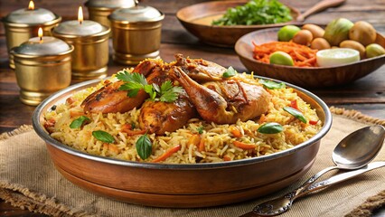 Chicken Biryani with Basmati Rice and Vegetables, Indian Food - obrazy, fototapety, plakaty