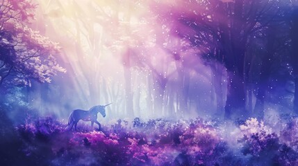 A digital artwork featuring a silhouette of a unicorn in a purple-toned mystical forest bathed in sunlight and sparkles.