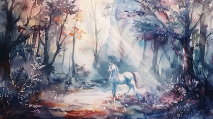 A whimsical watercolor painting of a unicorn in a magical, misty forest, evoking a sense of wonder and fantasy.