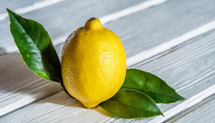 White table with a whole, ripe lemon, green leaf, and room for text