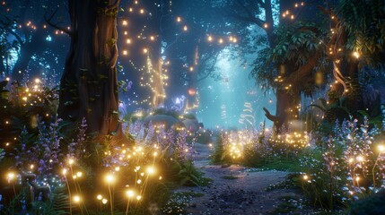 A digital creation of a mystical pathway in an enchanted forest illuminated by fairy lights and soft glows, invoking a magical nighttime wonder.