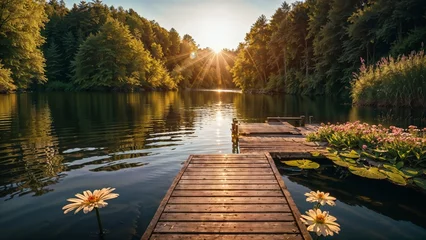 Poster A wooden pier on the lake in a beautiful summer garden with flowers. Nature backgrounds, for photo manipulation, product display background © i7 Binno