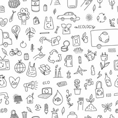 Vector pattern from a collection of environmental symbols of renewable energy and waste recycling, hand-drawn in the style of doodles