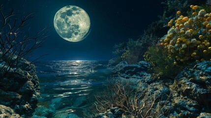 A full moon illuminates a vibrant coral reef, revealing the intricate beauty of the underwater landscape against the backdrop of a sparkling sea.