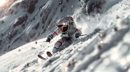un astronaute en ski descend une pente sur la lune ou une comète - obrazy, fototapety, plakaty